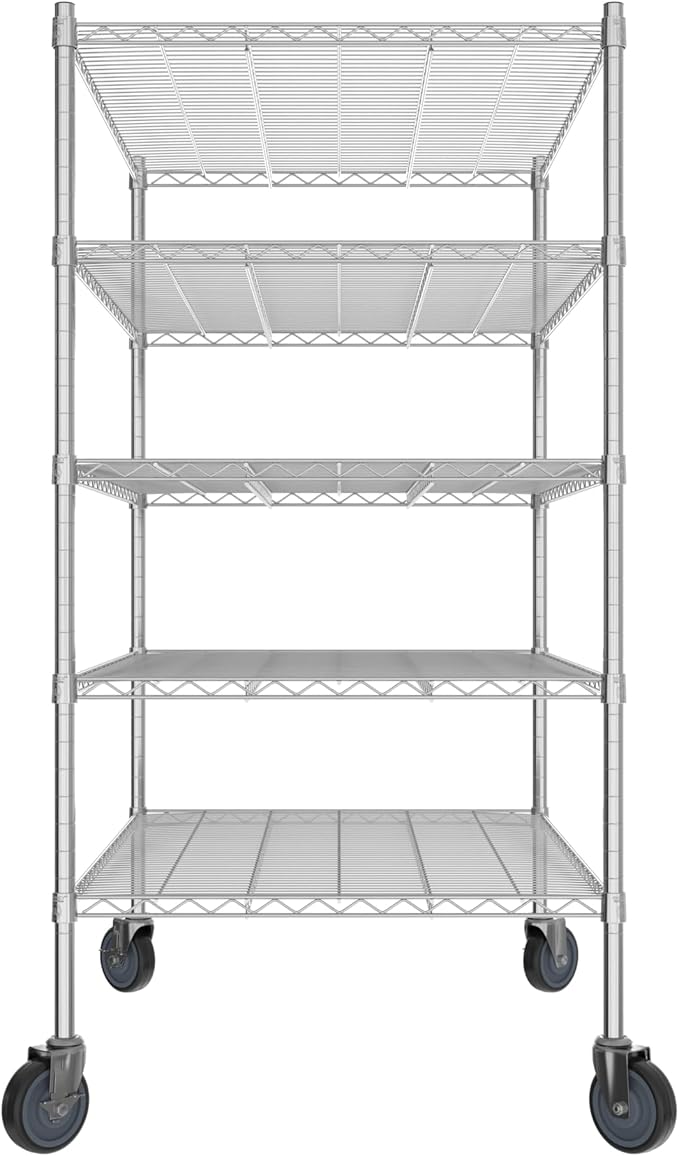 Commercial NSF Listed Chrome Mobile Wire Shelving Kit 30" x 42" x 60", with 5 Shelves Perfect for Warehouse, Walk-in Refrigerator, Freezer, Grocery Store, Restaurant, Dishroom