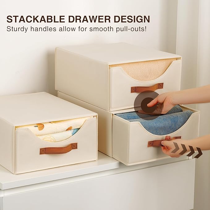 Large Closet Storage Bins with Drawer, Fabric Bins for Organization, Collapsible Storage Drawers Organizer for Bedroom, Living Room, 8 Pack, Beige