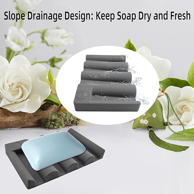 Silicone Soap Dish,Self Draining Soap Holder Perfect for Shower,Bathroom Sink,Kitchen Sink & Travel,Non-Slip Bar Soap Holder Extend Soap Life,Keep Soap Bars Dry Clean (Grey-1Pcs)