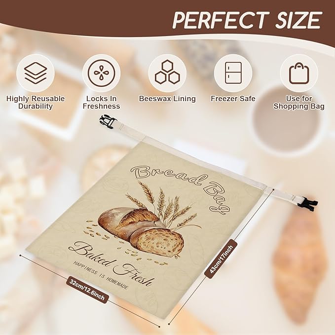 fufeisi Beeswax Bread Bags for Sourdough, 2 Pack Reusable Bread Bag for Storage XL 17x13 Inch, Large Linen Bags for Homemade Sourdough - Keep Fresh, Freezer Safe