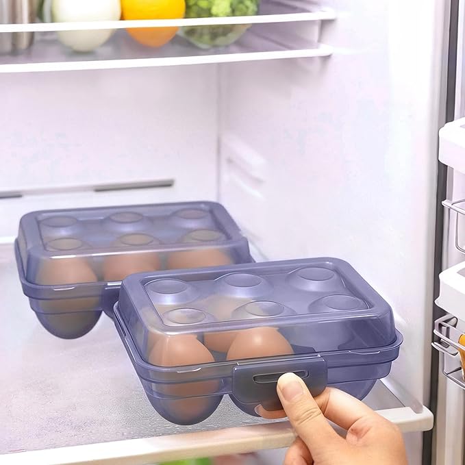Portable Stackable Egg Storage Box, 2-Pack 6-Count Egg Holders with Lids for Refrigerator, Travel & Camping, Blue PP Egg Tray Organizer