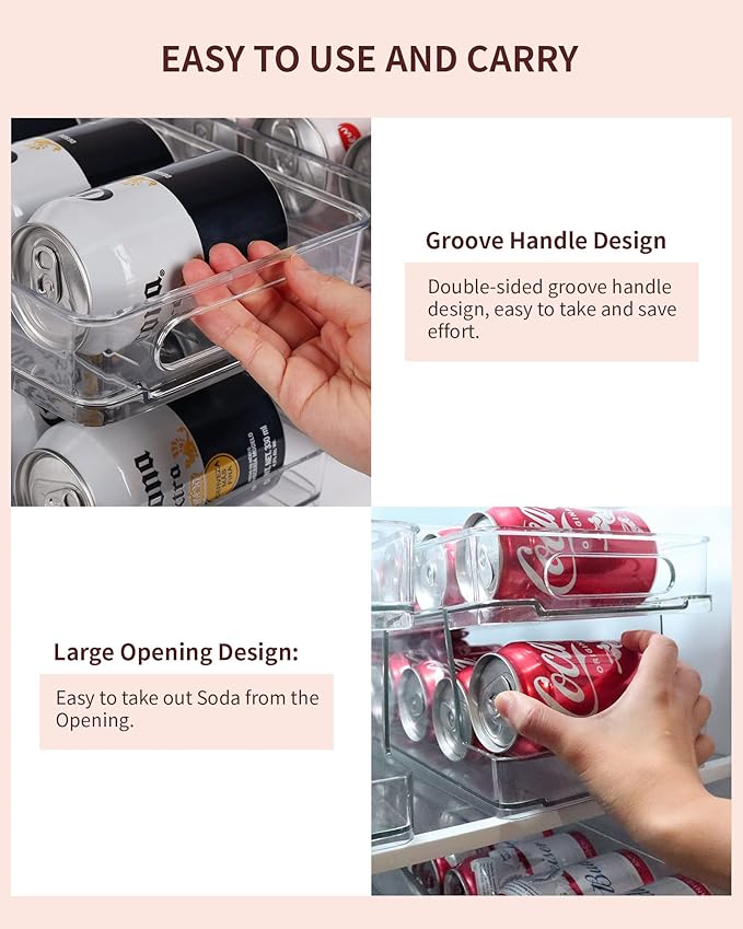 8 Pack Rolling Soda Can Dispenser for Refrigerator with 1 Pack Ice Ball Maker, Pantry Organization and Storage 2-Layer Beverage Holder for Fridge, Clear