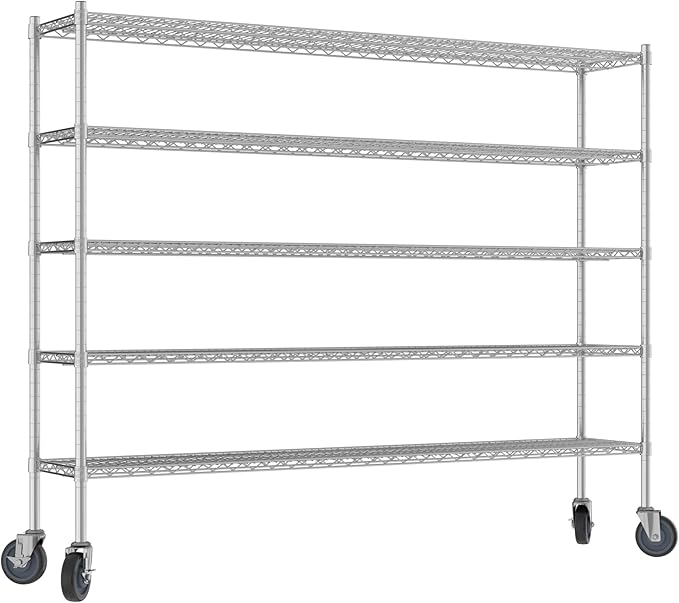 Commercial NSF Listed Chrome Mobile Wire Shelving Kit 14" x 72" x 60", with 5 Shelves Perfect for Warehouse, Walk-in Refrigerator, Freezer, Grocery Store, Restaurant, Dishroom