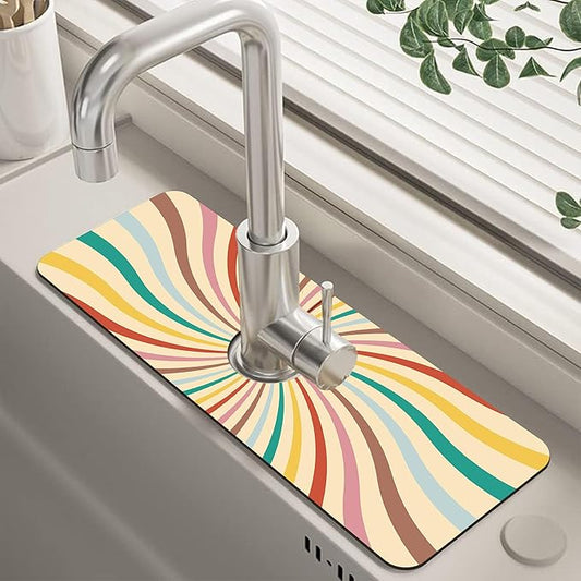 Groovy Retro Swirl Kitchen Sink Splash Guard Mat Absorbent Fast Drying Mat Faucet Draining Mat Sink Splash Guard Behind Faucet Drip Catcher for Kitchen Bathroom 5.5"×15"