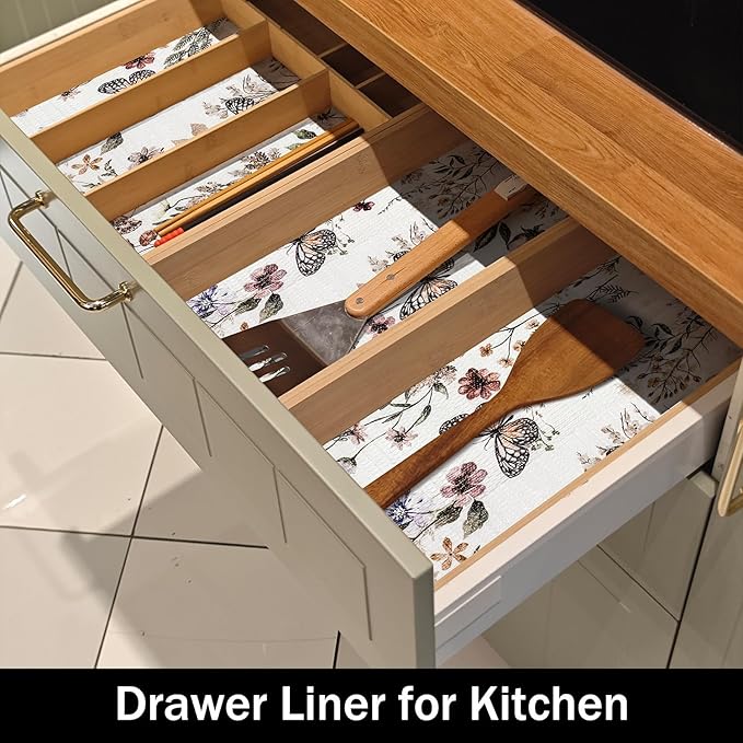 Amiitay Floral Shelf Liners Non Adhesive 12IN x 20FT and Strong Non-Slip Shelf and Drawer Liners for Kitchen Cabinet Wire Fridge, Waterproof Shelf Drawer Liner,Easy to Clean,Butterfly