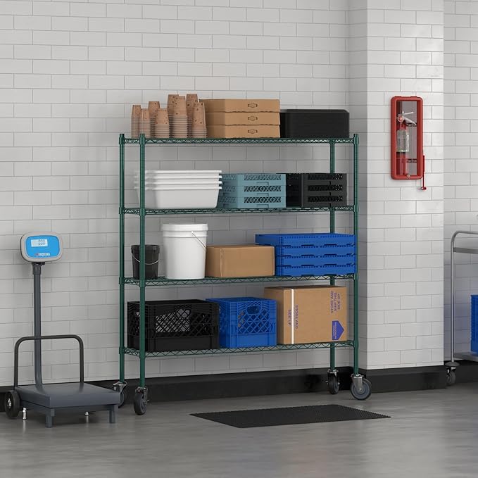 Commercial NSF Listed Green Epoxy Mobile Wire Shelving Kit 12" x 54" x 60", with 4 Shelves Perfect for Warehouse, Walk-in Refrigerator, Freezer, Grocery Store, Restaurant, Dishroom