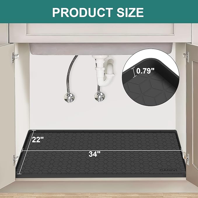 CANIVI Under Sink Mat, 34" x 22" Waterproof Silicone Under Sink Tray for Kitchen & Laundry Cabinets, Kitchen Cabinet Shelf Protector, Up to 3.3 Gallons Liquid, Fits 36 inch Standard Cabinet(Grey)