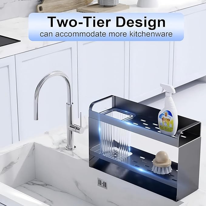 BREIS Sponge Holder for Kitchen Sink, Caddy Organizer with Rag Holder, Countertop Self-Draining Sponge Caddy, Rustproof Sink Storage Rack for Soap Dispenser Storage Accessories (2-Tier Gray)