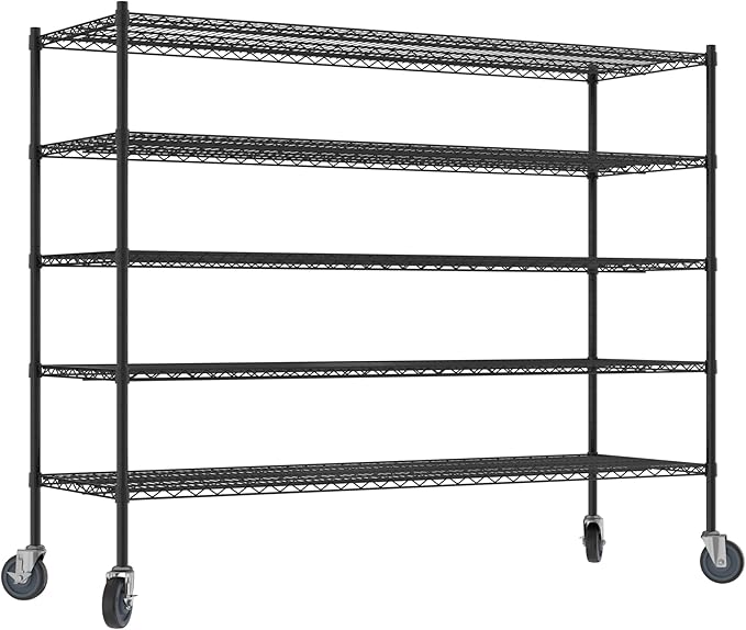 Commercial NSF Listed Black Epoxy Mobile Wire Shelving Kit 24" x 72" x 60", with 5 Shelves Perfect for Warehouse, Walk-in Refrigerator, Freezer, Grocery Store, Restaurant, Dishroom