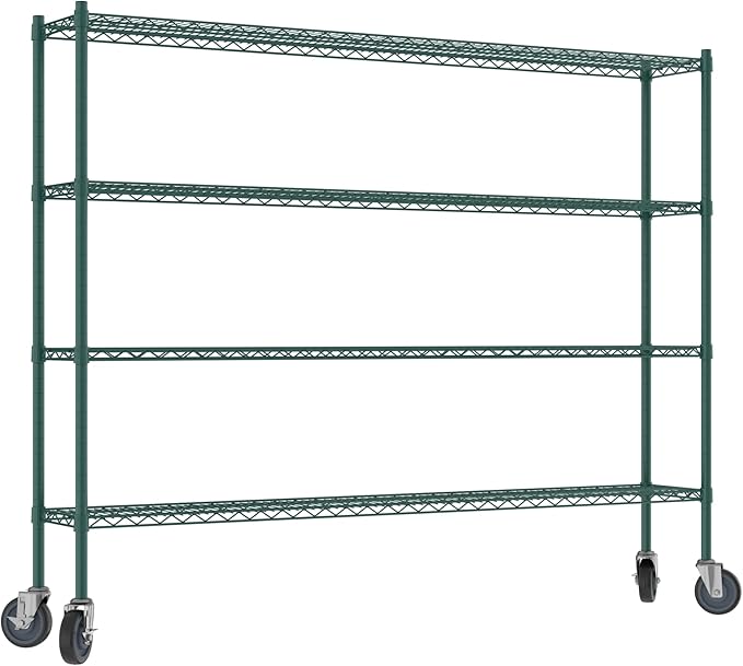 Commercial NSF Listed Green Epoxy Mobile Wire Shelving Kit 12" x 72" x 60", with 4 Shelves Perfect for Warehouse, Walk-in Refrigerator, Freezer, Grocery Store, Restaurant, Dishroom
