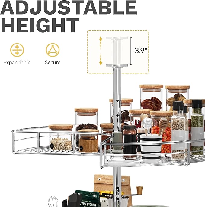 DWVO 28-Inch 2-Tier Lazy Susan Turnable for Cabinet, Rotating 2-Shelf Lazy Susan Corner Organizer with Adjustable Height for Kitchen Pantry, Chrome-Plated Double Spinning Corner Organizer, Silver
