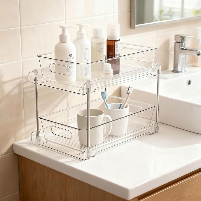 Under Sink Organizer 2-Tier Under Cabinet Organizer, Clear Under Sink and Pull-Out Cabinet Organizer for Kitchen and Pantry Storage