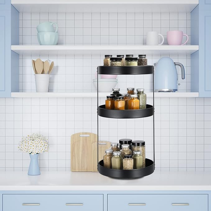 uxcell 3 Tier Lazy Susan Turntable, 12 Inch Metal Spice Rack Organizer for Kitchen Countertop Vertical Storage Rack Self Black