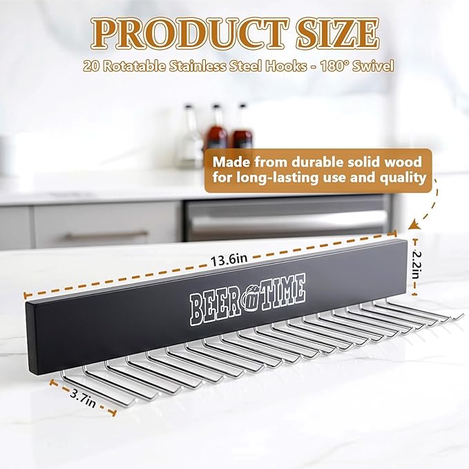 Magnetic Can Cooler Holder Storage Wall Mount, Cooler Organizer Rack with 20 Rotatable Metal Hooks, Adhesive Drink Cooler Dispenser, Wooden Beer Sleeve Accessories for Fridge & Wall, Rust-Resistant
