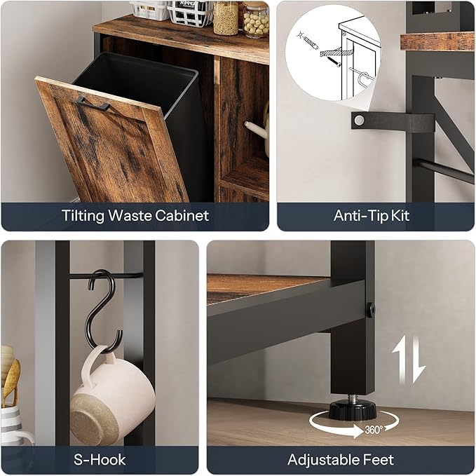 HOOBRO Bakers Rack with Power Outlet, Microwave Stand with Trash Can Bin Cabinet, 5-Tier Kitchen Storage Shelf Cabinet, Tall Coffee Bar Table Station for Dining Room, Rustic Brown and Black BF50UHB01