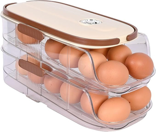 Automatic Rolling Egg Holder for Fridge 2-Layer Stackable Egg Organizer for Refrigerator Clear BPA-Free Egg Container with Lid Large-Capacity Egg Dispenser & Egg Storage Rack Holds 28 Eggs