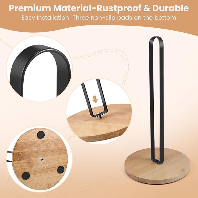 Paper Towel Holder Countertop Standing Paper Roll Holder with Anti-Slip Base Paper Towel Holders for Kitchen Roll Holder Bamboo & Stainless Steel,Black