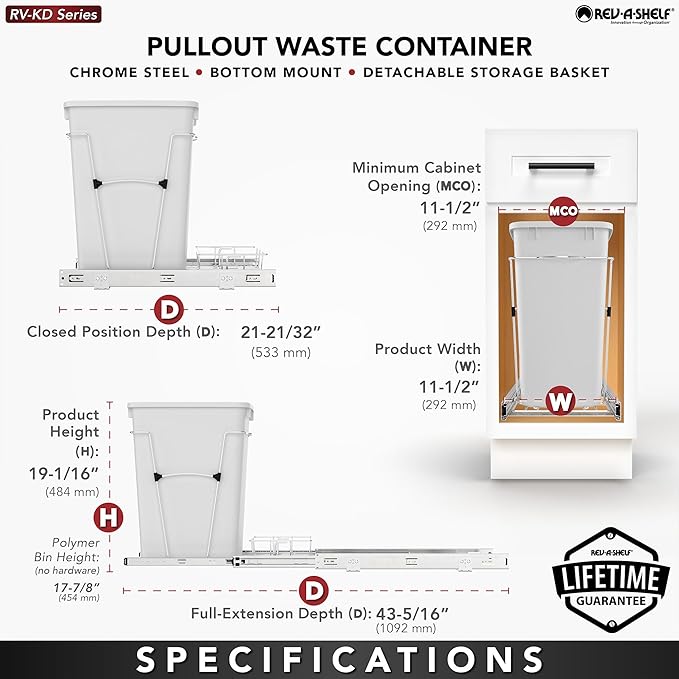 Rev-A-Shelf Pullout Trash Can for Kitchen Cabinets 35 Qt Garbage Waste Recycling Bin with Full Extension Slides, Black, RV-12KD-18C S