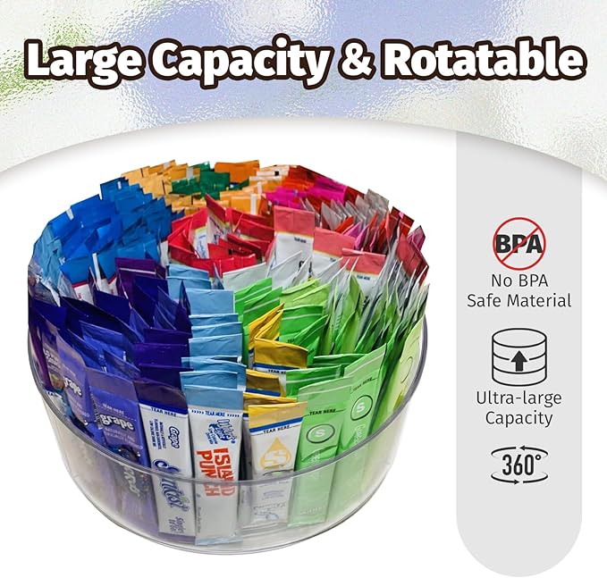 Drink Packet Organizer for Powdered Drink Mix,Powder Packet,Water Packet,Water Flavor Packet,Lazy Susan Organizer for Drink Mix Rotating Holder for Drink Mix Necessities