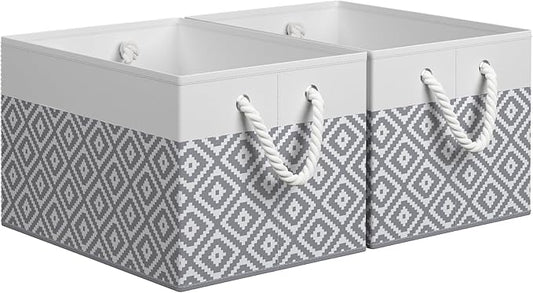 Storage Bins, 2-Pack Large Storage Box with Rope Handles, Collapsible Storage Basket for Organizing Books, Clothes, Rhombic Grey