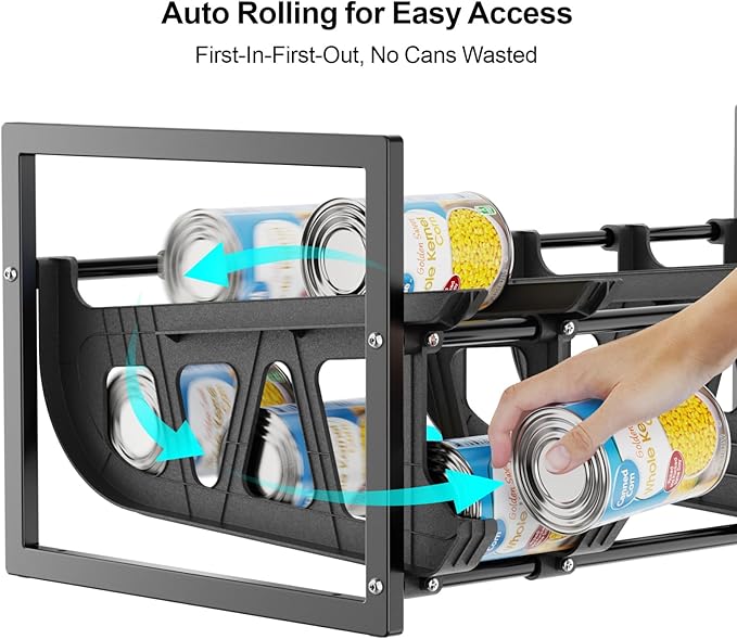 iSPECLE Pantry Can Organizer, 2 Pack Auto Rolling Pantry Organizers for 60 Cans, Stackable & Extendable Canned Goods Organizer for Pantry, Easy Access Can and Fit Most Pantry Shelf Space, Black