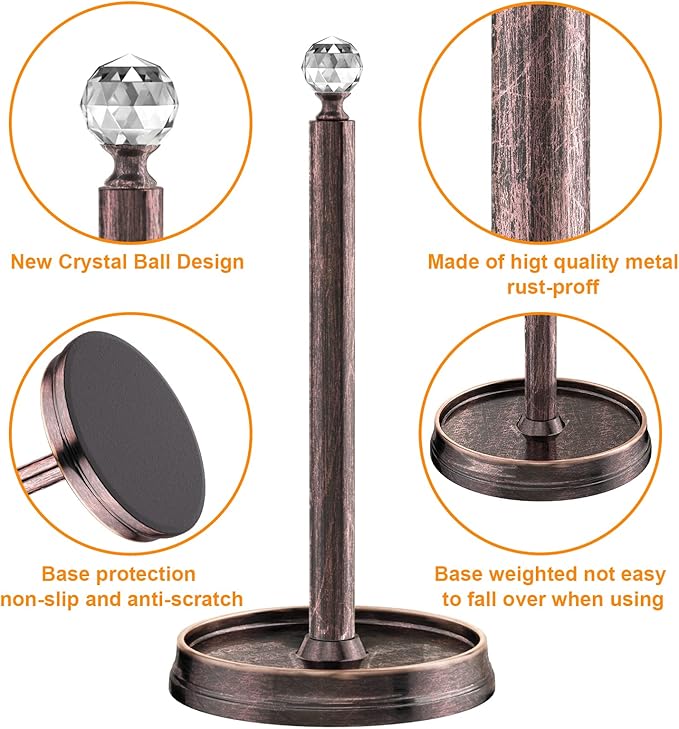 Paper Towel Holder (with Crystal Ball) Steel Paper Towel Holder countertop，Paper Towel Holder Stand for Kitchen Countertops, Bars & Dining Tables,Fits Standard & Jumbo Rolls,Oil Rubbed Bronze