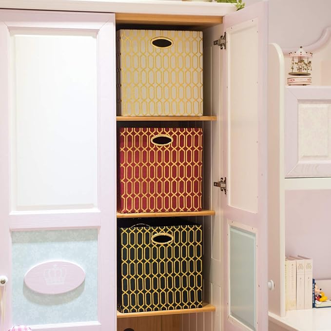 Posprica Storage Bins, Storage Cubes,13×13 Fabric Drawers Organizer Basket Boxes Containers (13×13×13/2pcs, Cream/gold geometry Pattern)