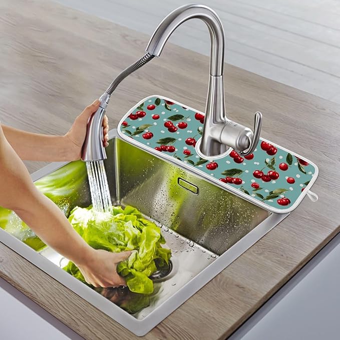 2 PCS Kitchen Sink Splash Guard 23.6 Inch Faucet Mat for Kitchen Sink Bathroom Sink Faucet Absorbing Drip Drain Mat Pad Microfiber Soft Washable Green Blue Cherry and Polka Dots