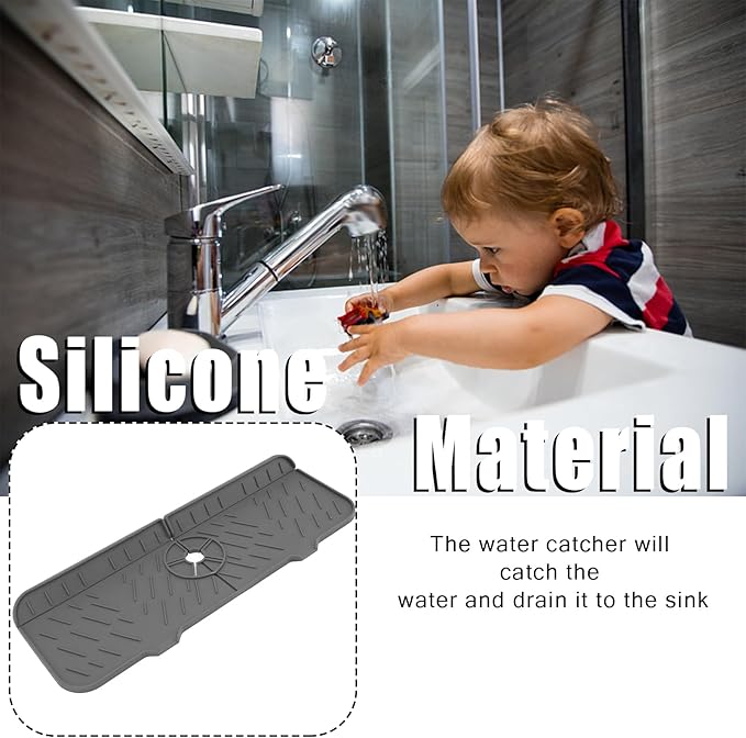 14.7 x 5.7in Silicone Sink Splash Guard Dry Gray Faucet Absorbent Mat Washable and Reusable Sink Accessory For Kitchen Countertops and Bathroom Sinks