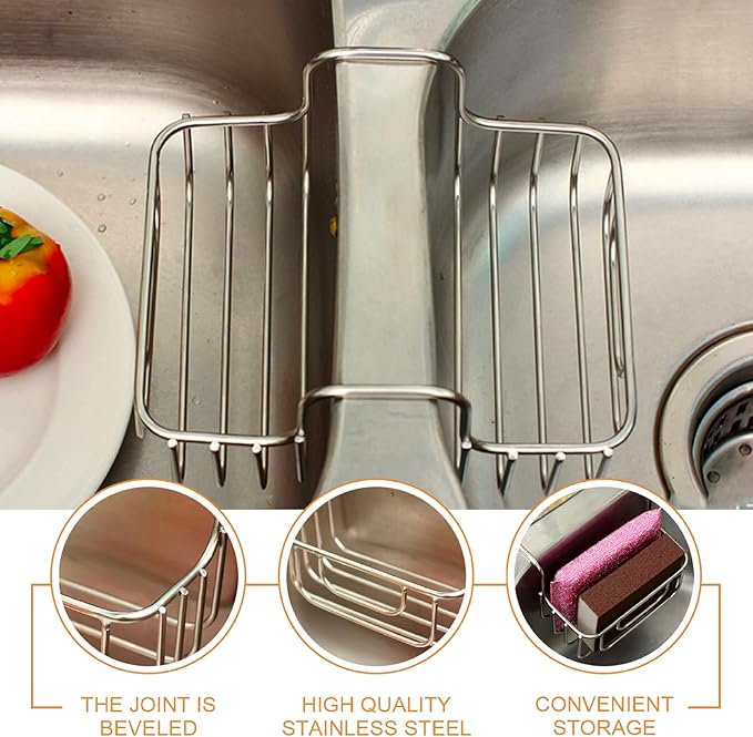 Stainless Steel Sponge Holder, Double Sided Sink Caddy for Brushes & Utensils, Kitchen Organizer