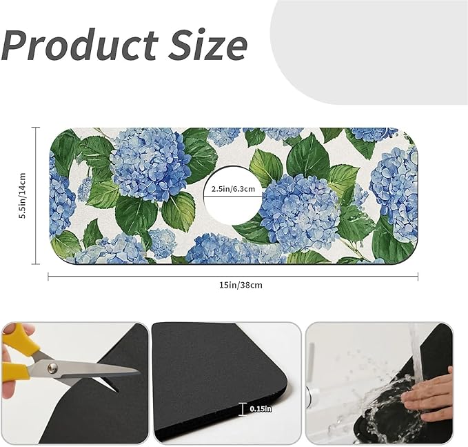 Kitchen Sink Splash Guard，Blue hydrangea Faucet Mat Sink Gadgets-Super Absorbent Fast Drying Mat Drip Catcher for Kitchen, Bathroom,Sink Mat, Dish Drying Mat, Bathroom(15" X 5.5" )