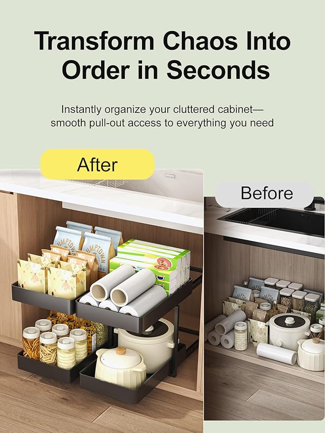 2 Tier Pull Out Cabinet Organizer with Sliding Basket Bathroom Cabinet Organizer, Bathroom Kitchen Multi-Purpose Under Sink Organizer and Storage Cabinet in Metal 1 pack