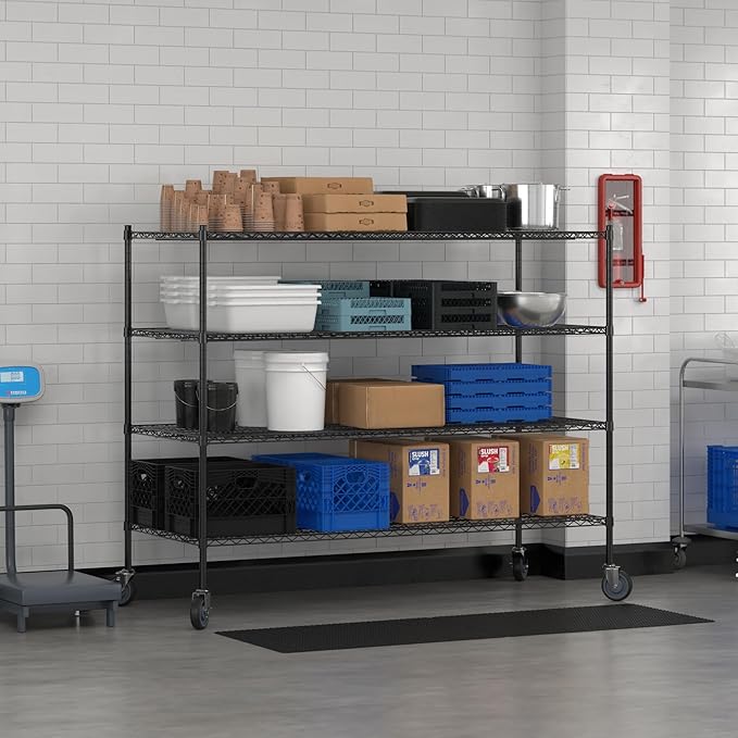 Commercial NSF Listed Black Epoxy Mobile Wire Shelving Kit 30" x 72" x 60", with 4 Shelves Perfect for Warehouse, Walk-in Refrigerator, Freezer, Grocery Store, Restaurant, Dishroom