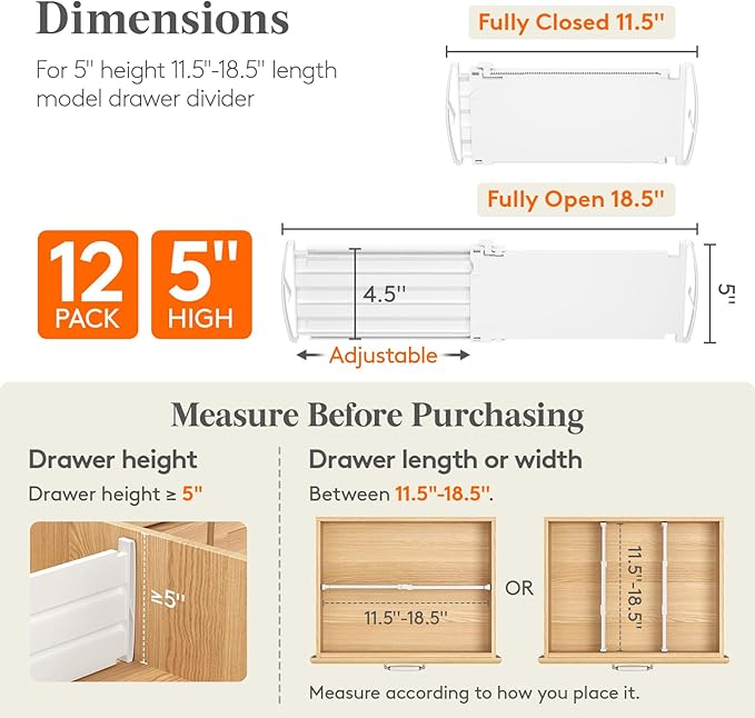 Lifewit 5" Tall 12 Pack Deep Drawer Dividers, 11.5-18.5" Expandable Drawer Divider for Clothes, White Dresser Drawer Storage Organizers, Clothing Drawers Separators for Dresser, Kitchen, Bedroom