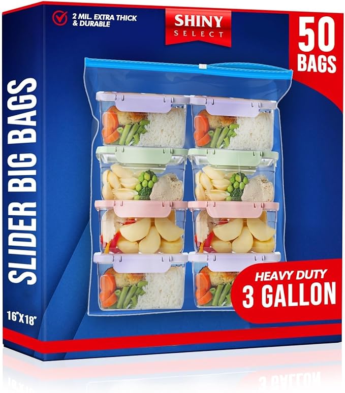 Shiny Select [ Pack of 50 3.5 Gallon Large Food Storage Bags with Reclosable Easy Open Close Slider Closure, 2 Mil Thick, Size 16"x18", for Food-Meal Prep, Organization & Storage