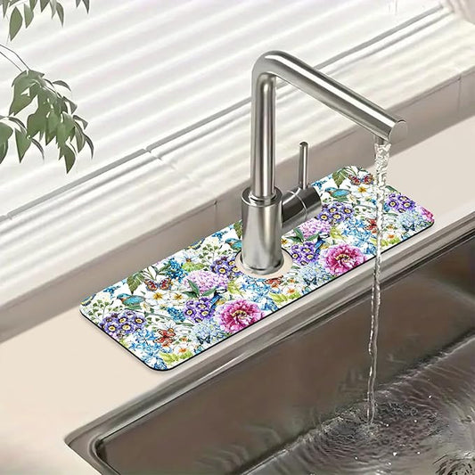 Beautiful Floral Kitchen Sink Splash Guard Faucet Mat Flower Bird Butterfly Super Absorbent Fast Drying Mat Sink Splash Guard Behind Faucet for Kitchen Bathroom, 15.5"x5.5"