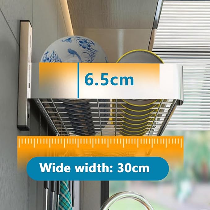 2Tier Wall Mounted Dish Drying Rack, Stainless Steel Hanging Dish Drainer with Drain Tray, Large Capacity Kitchen Storage Shelf with Utensil Cutlery Holder, for Plates Bowls & Mugs (23.6x11.8x19.7in)