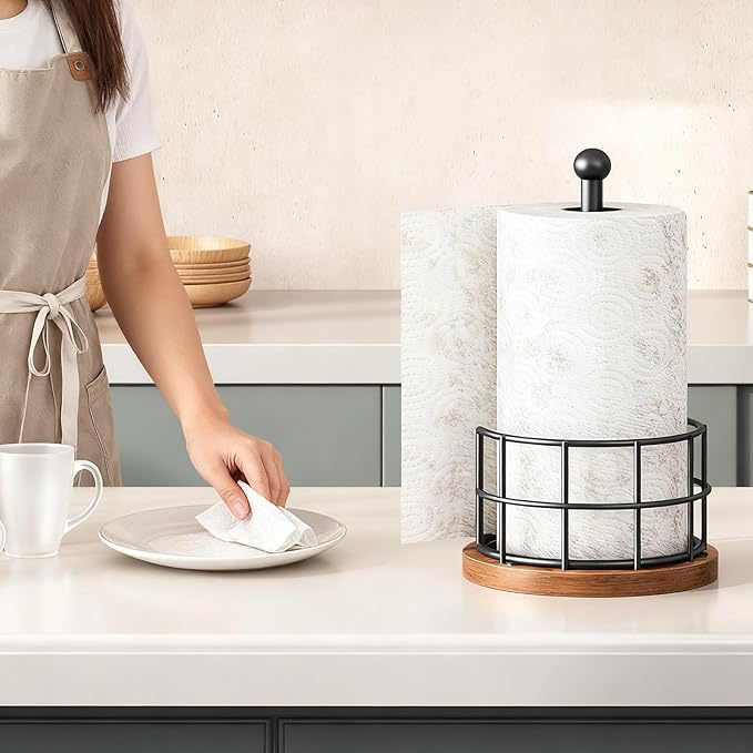 Paper Towel Holder, Kitchen Paper Towel Holder for Countertop, Paper Towel Stand with Wooden Base, Freestanding Kitchen Roll Holder, for Standard Size Rolls, Rustic Brown CJ05BR