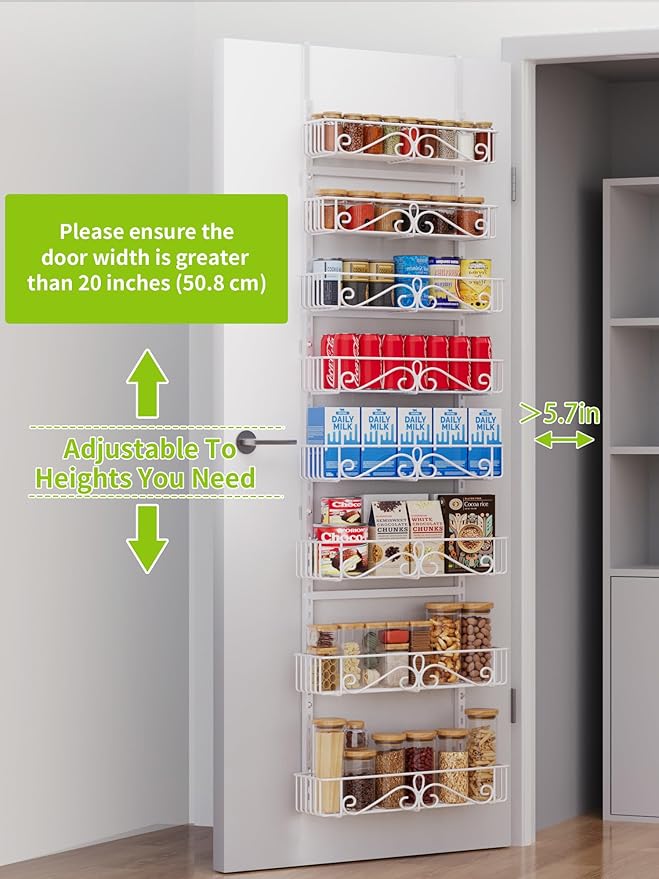 Over the Door Pantry Organizer - 8-Tier Adjustable Pantry Organization And Storage, Metal Hanging Door Spice Rack for Kitchen Pantry Organizers，White