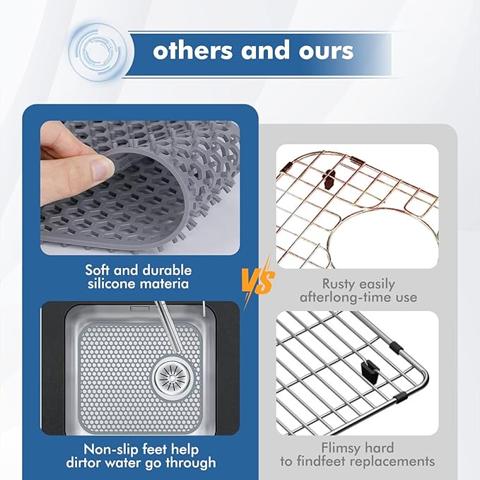 Bestjing Silicone Kitchen Sink Protector Mat with Rear Drain - 13.58''x 11.6'' Kitchen Sink Accessory, Folding Non-Slip Heat Resistant Mat Grid for Bottom of Stainless Steel Porcelain (Rear Hole)