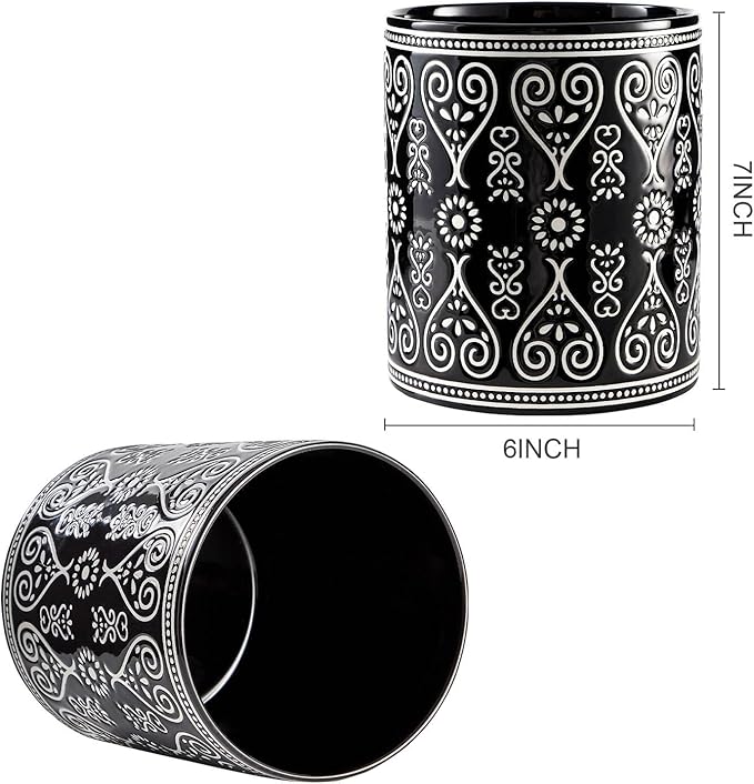 Black Heavy Ceramic Utensil Holder, 7" Extra Large Kitchen Utensil Holder for Countertop, Cooking Ceramic Crock for Farmhouse Kitchen Decor