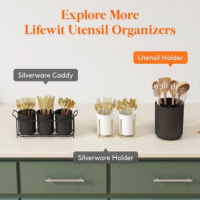 Lifewit 7.5" Plastic Utensil Holder for Kitchen Counter, Cooking Silverware Caddy with Non-Slip Rotating Base, 3 Compartment Spoon Spatula Cutlery Flatware Organizer with Dry Draining, Black, 1 Pack