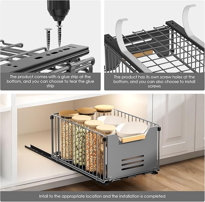 2 Pack Pull Out Cabinet Organizer, Slide Out Drawers for Cabinets, Peel and Stick, Heavy Duty Shelves for Kitchen, Cupboard, Pantry, Bathroom, Tall Style - Gray（14.76" D*9.64" W*7.48" H）