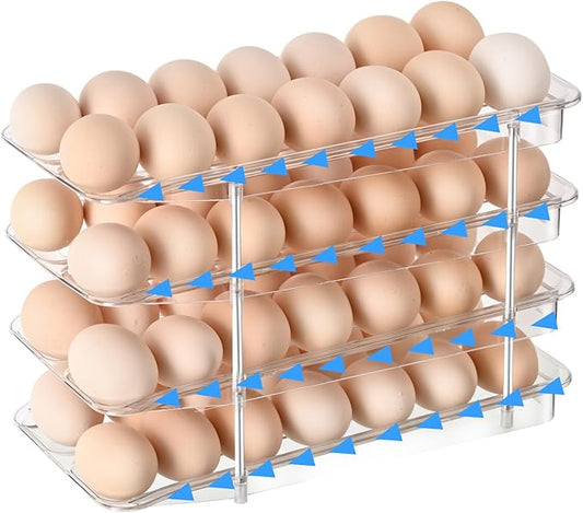 STORICANS Egg Holder,4 Tier Clear Organizer with Auto-Roll Design, Adjustable Height Egg Storage Container Holds Up to 56 Eggs for Refrigerator,Kitchen Cabinet