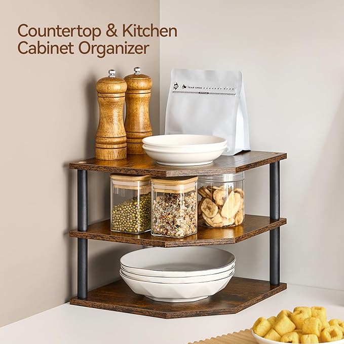 Wooden 3-Tier Corner Shelf, Kitchen Countertop Dish & Bread Organizer Counter Stand Storage for Desktop Bedroom Bathroom Small Space