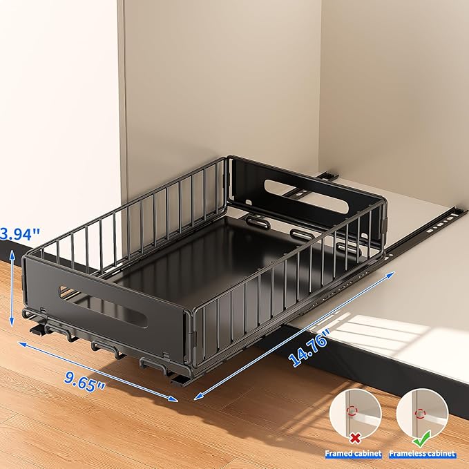 1 Pack Pull Out Cabinet Organizer, Slide Out drawers for cabinets, Heavy Duty Carbon Steel Roll Out Shelves for kitchen, bathroom, under sink, pantry (14.7’’-23.1’’ Slide, Adhesive & Screw)