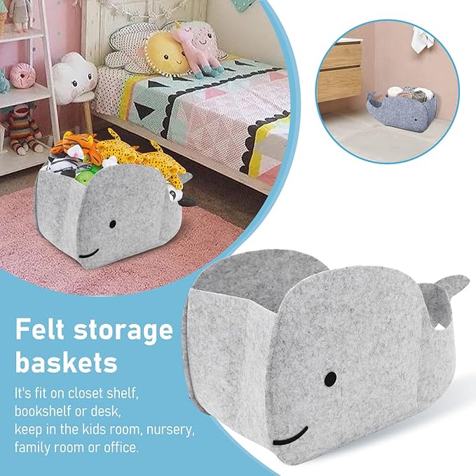 Storage Basket Felt Storage Bin Whale Shaped Collapsible & Convenient Box Organizer with Carry Handles for Home Bedroom Closet Babies Nursery Toys (Large)