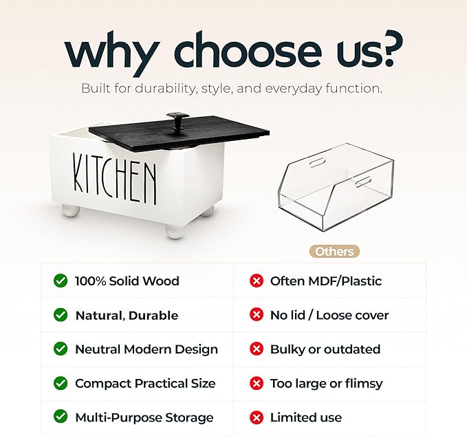 Solid Wood Farmhouse Kitchen Storage Bin with Lid – Rectangular Organizer Box for Countertop or Pantry – Stylish Kitchen Decor & Accessories