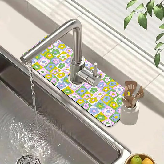 Cute Flowers Kitchen Sink Splash Guard Faucet Mat Retro Floral Super Absorbent Fast Drying Mat Sink Splash Guard Behind Faucet for Kitchen Bathroom, 15.5"x5.5"