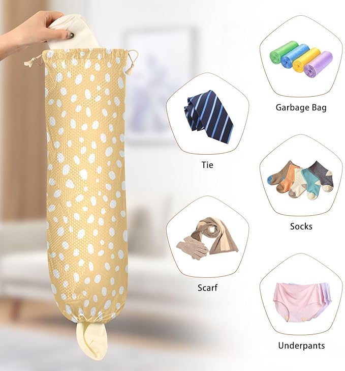 2 PCS Plastic Bag Holder Wall Mount Grocery Bag Holder Shopping Bag Trash Bag Storage Organizer Dispenser for Kitchen Closet 22 x 9 Inch White Dots Yellow